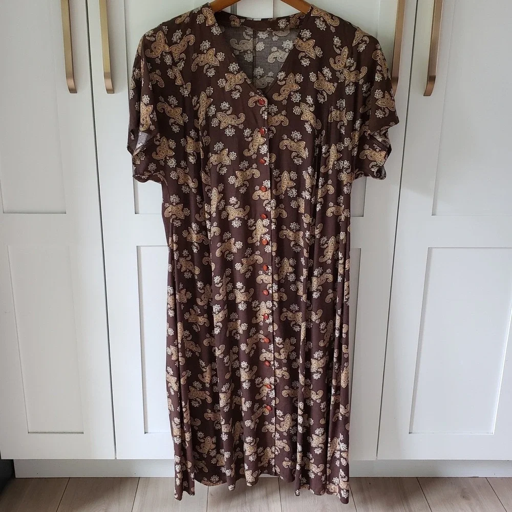 Vintage‎ Paisley Dress Womens 5X Brown Button Front Short Sleeve Flowy Long Maxi